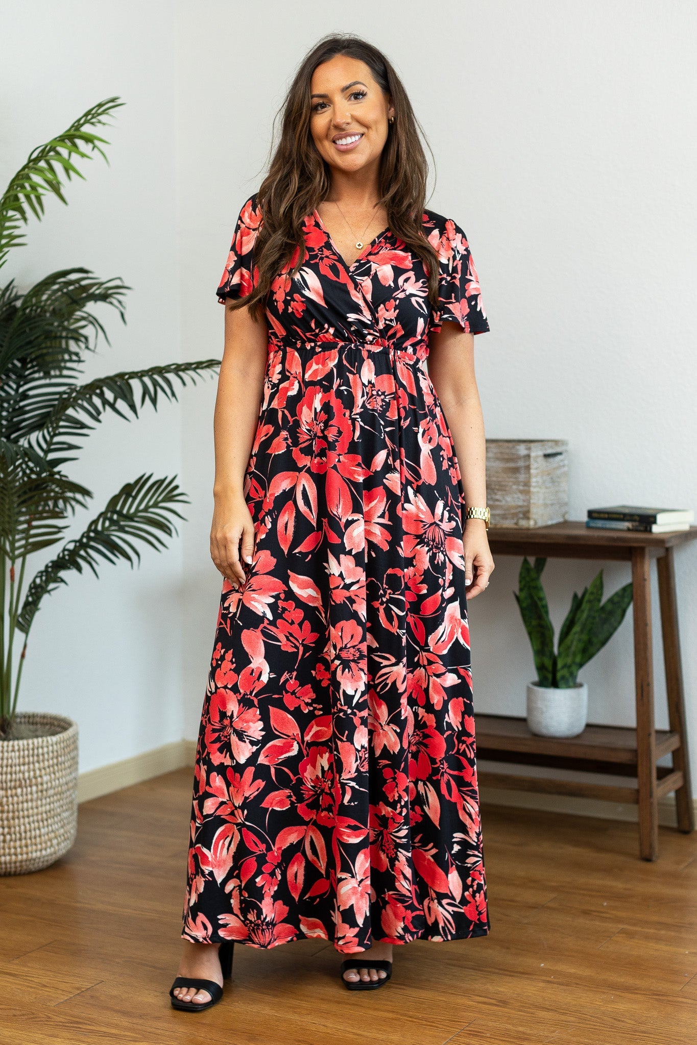 Millie Maxi Dress - Black and Red Tropical