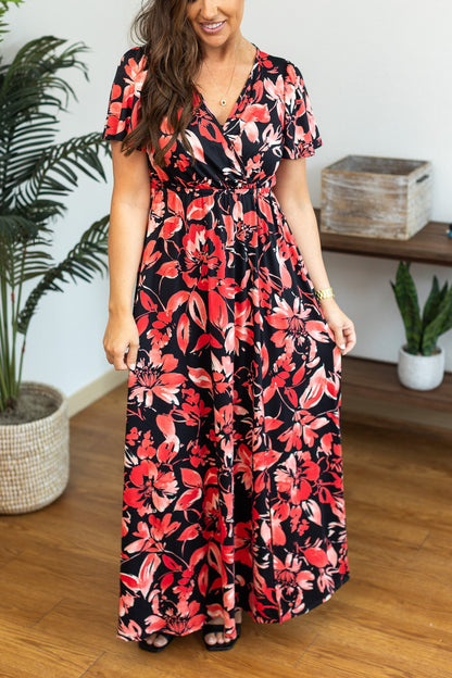 Millie Maxi Dress - Black and Red Tropical