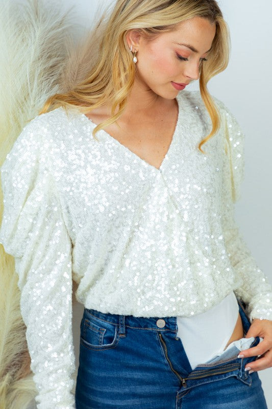 Sequin Surplice Bodysuit in White