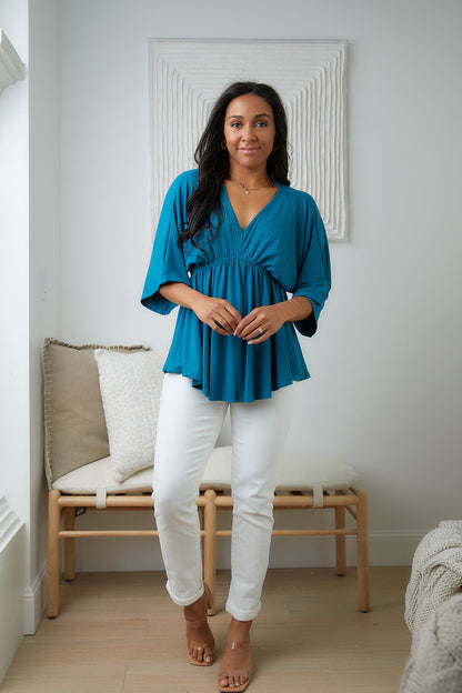 Storied Moments Draped Peplum Top in Teal