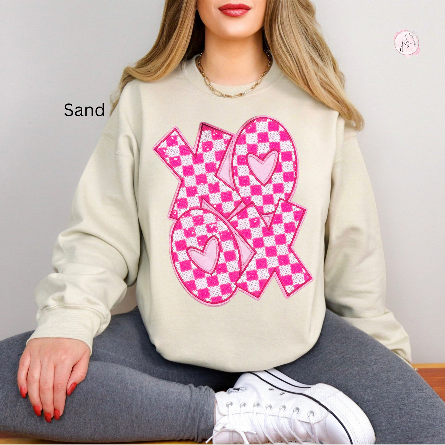 XOXO Pink Checkered Sequin Patch SWEATSHIRT