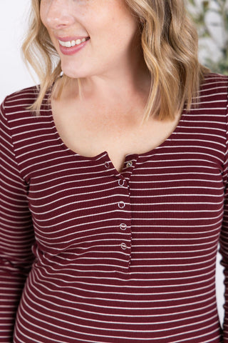IN STOCK Striped Henley Long Sleeve - Burgundy FINAL SALE