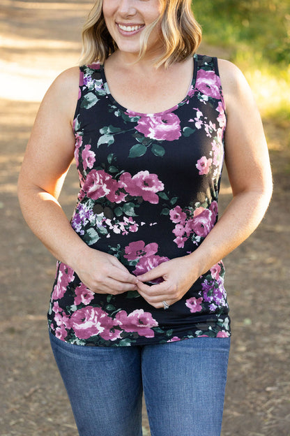 Luxe Crew Tank - Black and Mauve Floral | Women's Tank Top