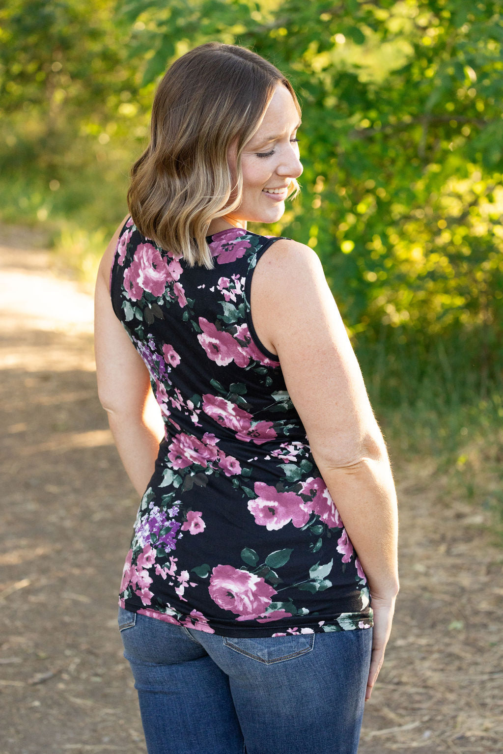 Luxe Crew Tank - Black and Mauve Floral | Women's Tank Top