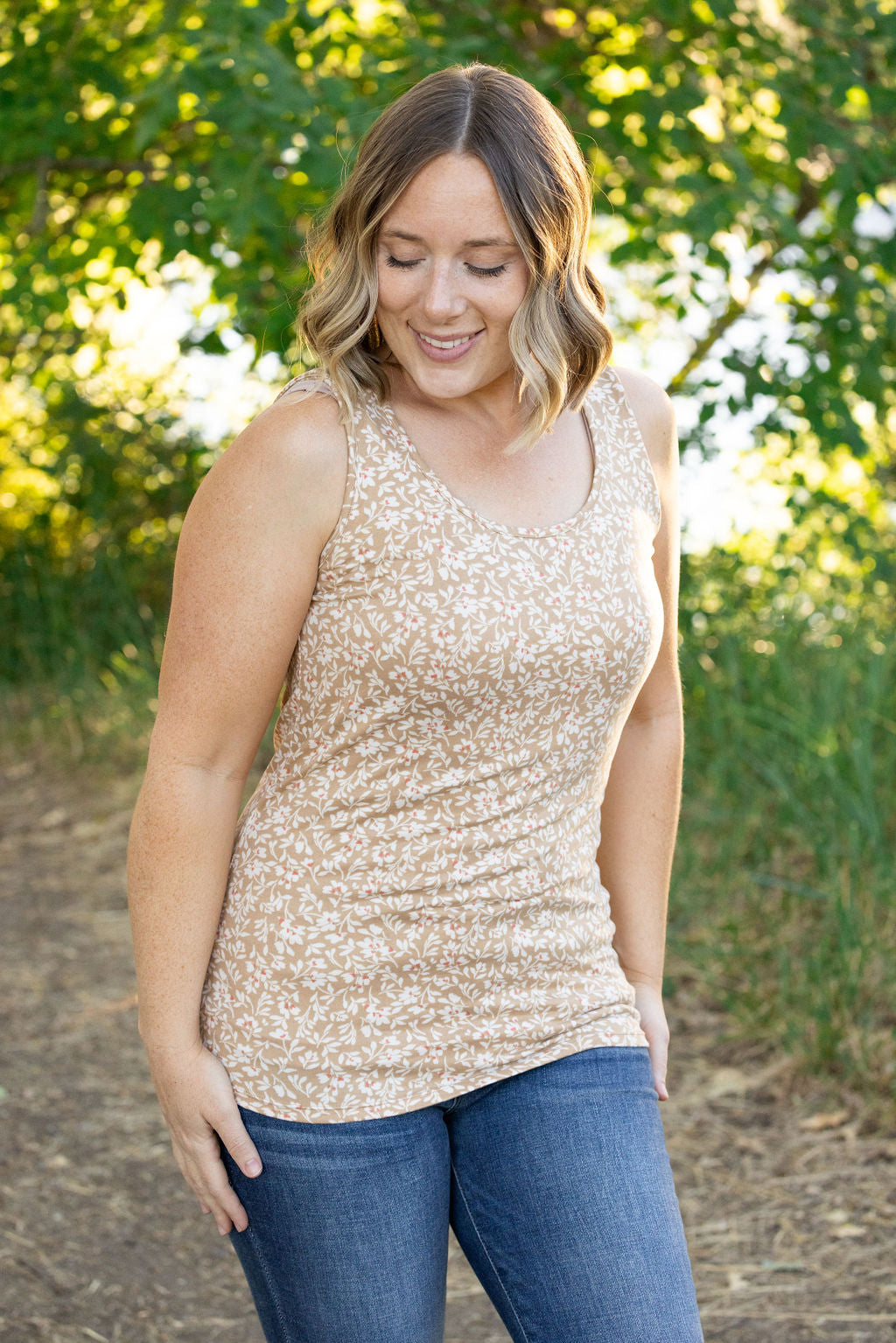 Luxe Crew Tank - Tan Floral | Women's Tank Top