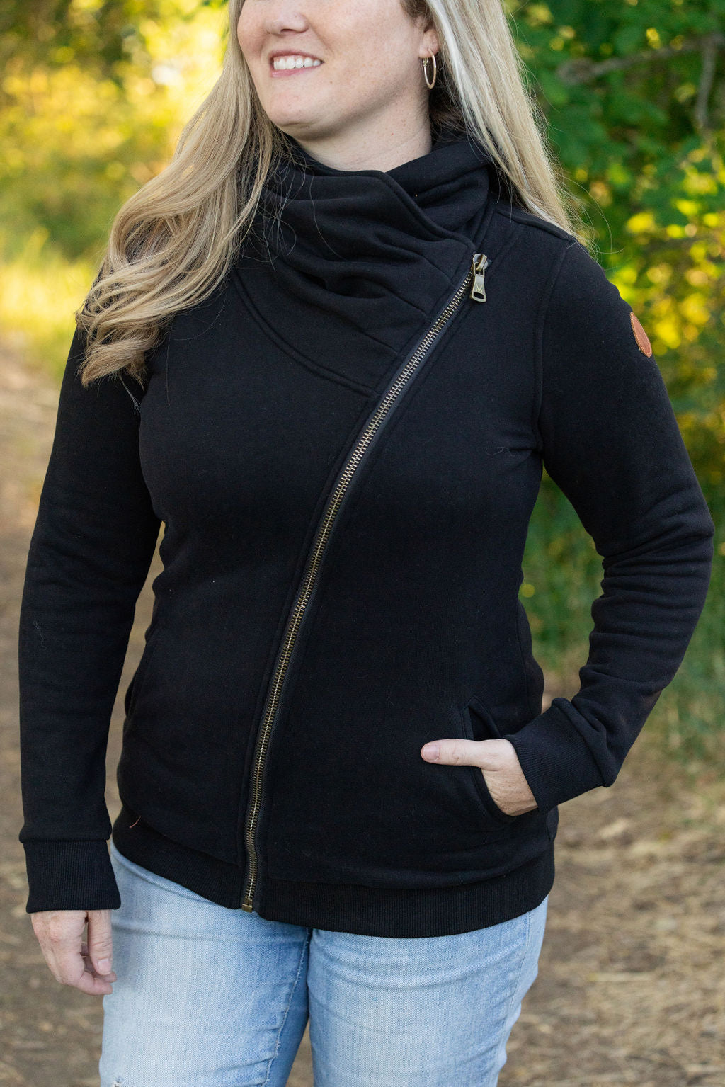 black zip up cowl womens sweatshirt