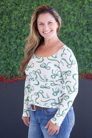 IN STOCK Alyssa Long Sleeve Top - Green Ribbons FINAL SALE