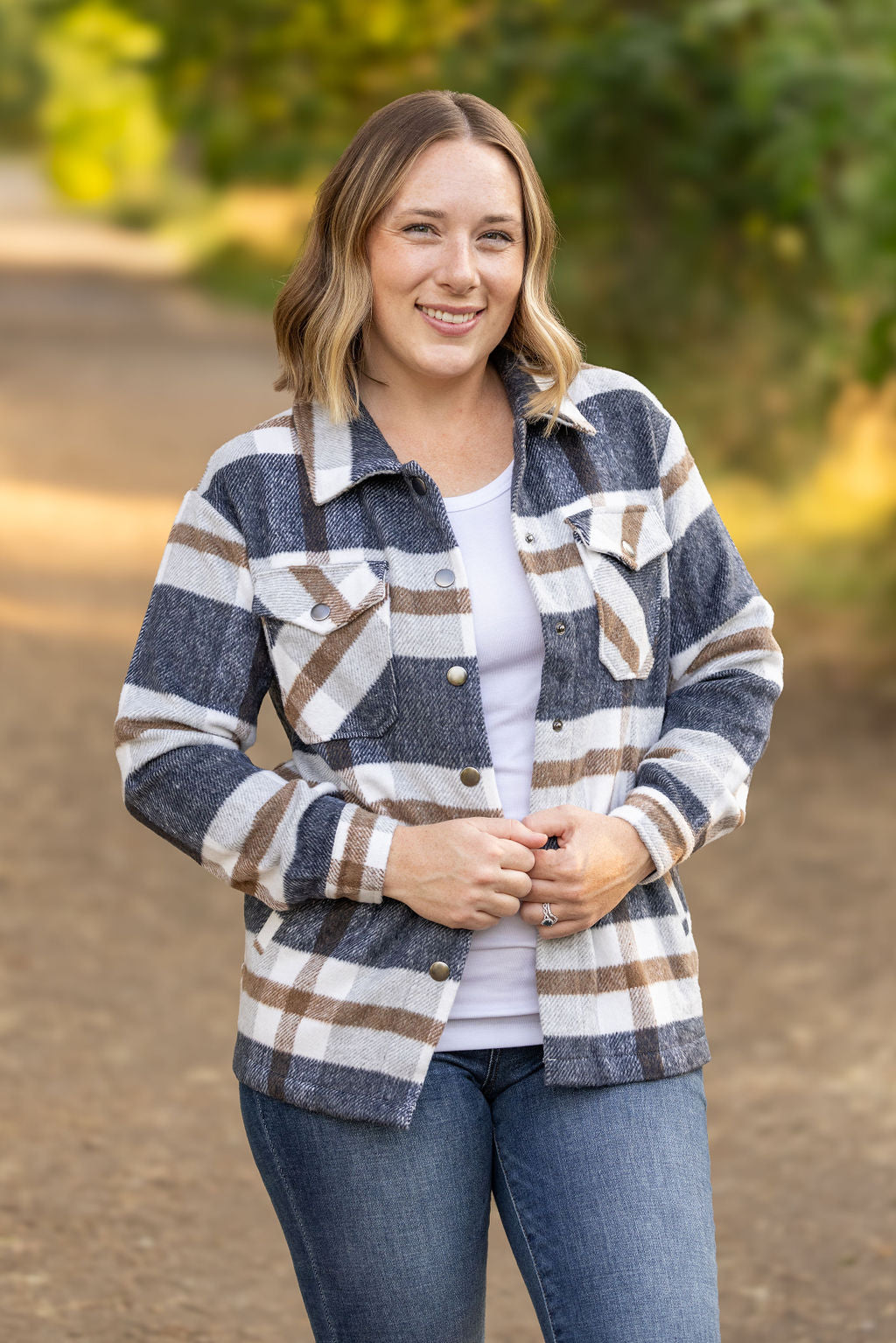 Norah Plaid Shacket - Navy and Tan | Women's Shacket