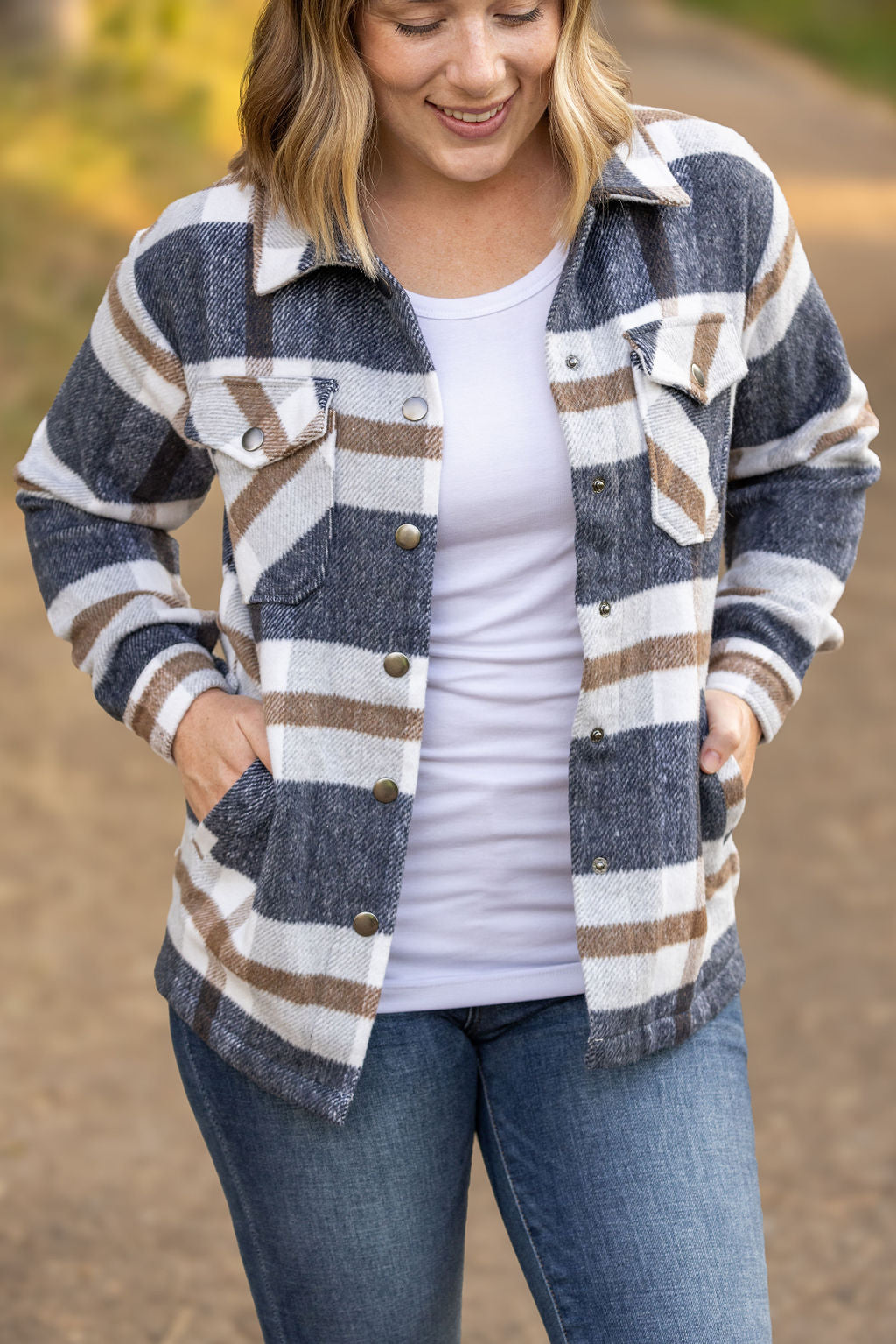 Norah Plaid Shacket - Navy and Tan | Women's Shacket