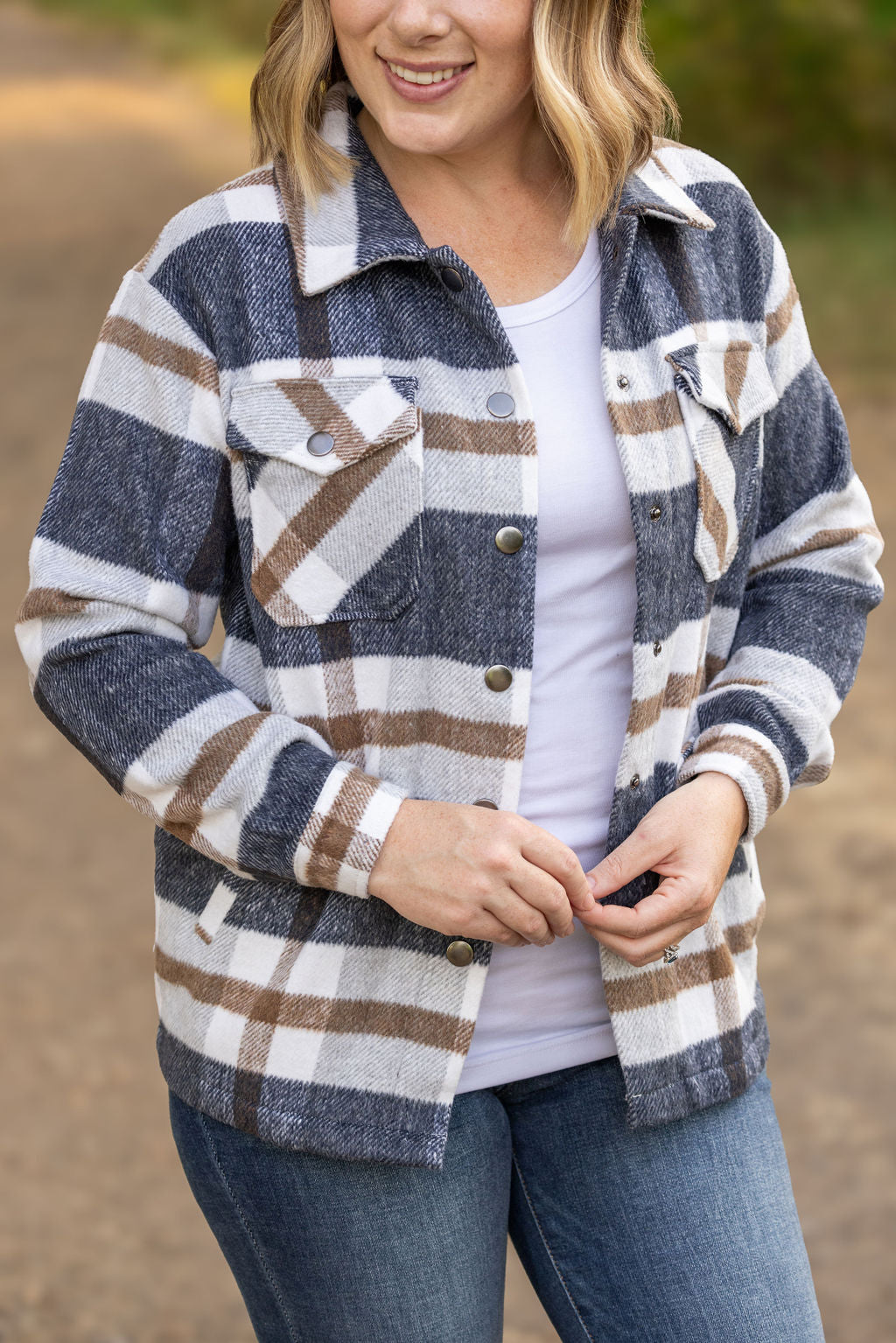 Norah Plaid Shacket - Navy and Tan | Women's Shacket