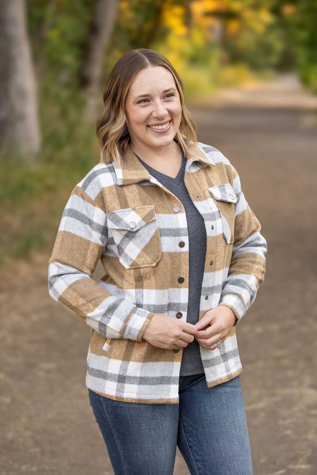 Norah Plaid Shacket - Camel and Grey | Women's Shacket