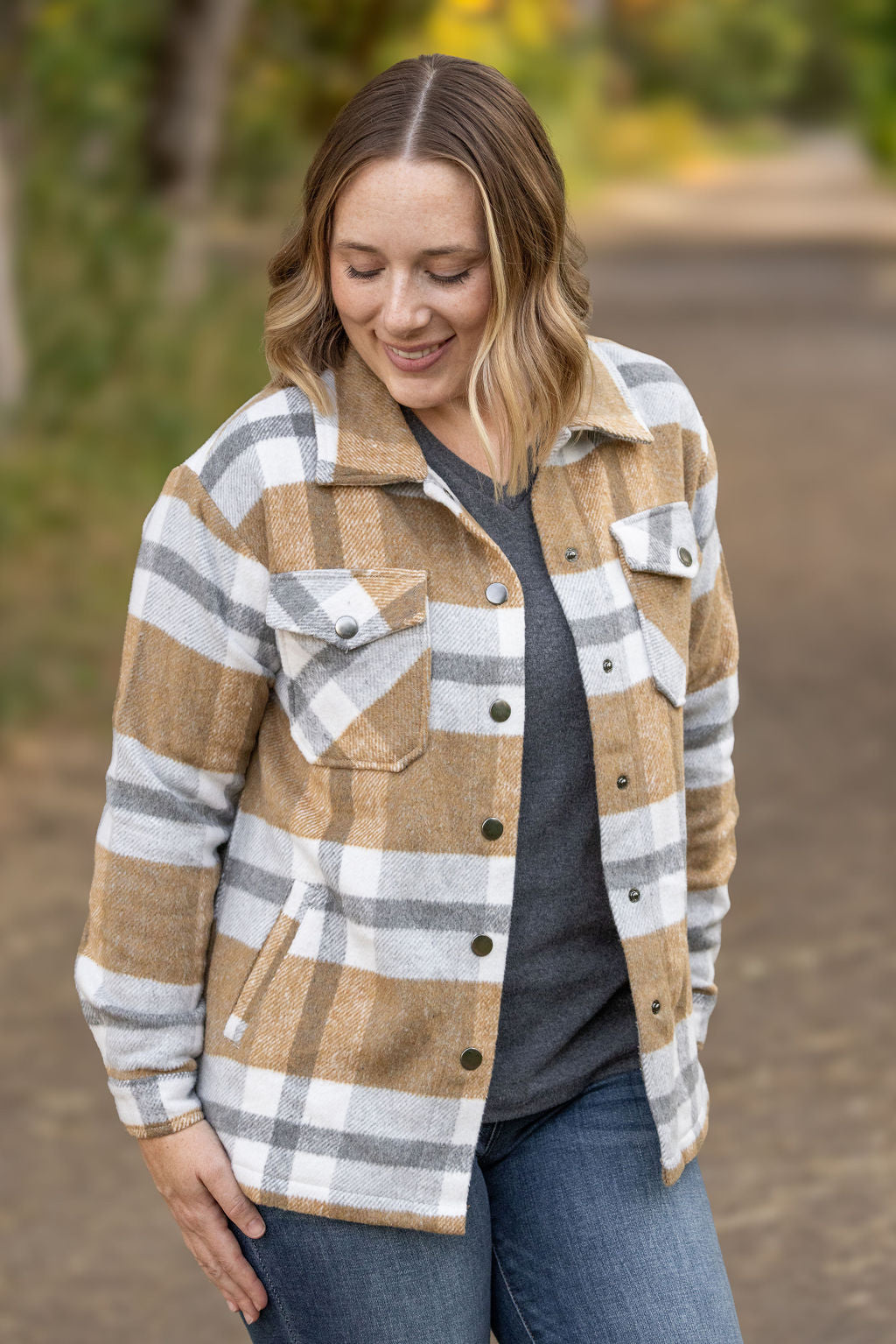 Norah Plaid Shacket - Camel and Grey | Women's Shacket