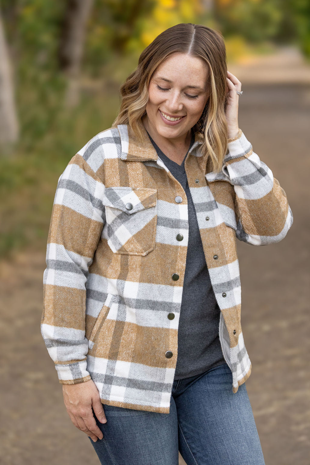 Norah Plaid Shacket - Camel and Grey | Women's Shacket