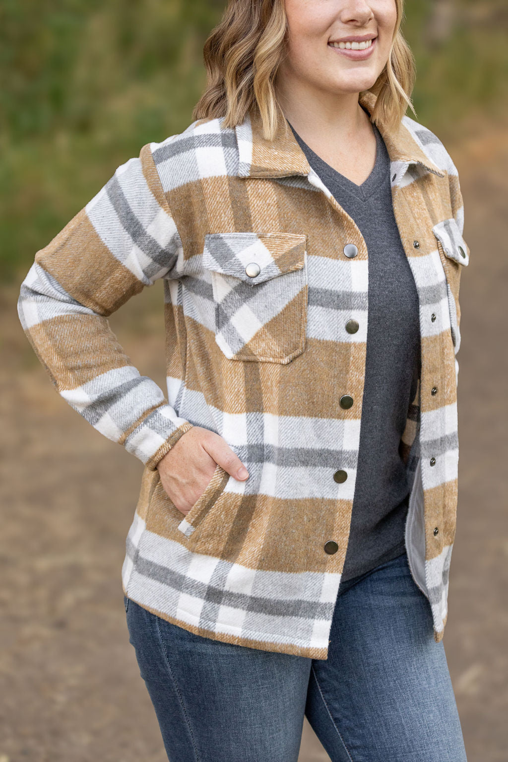 Norah Plaid Shacket - Camel and Grey | Women's Shacket