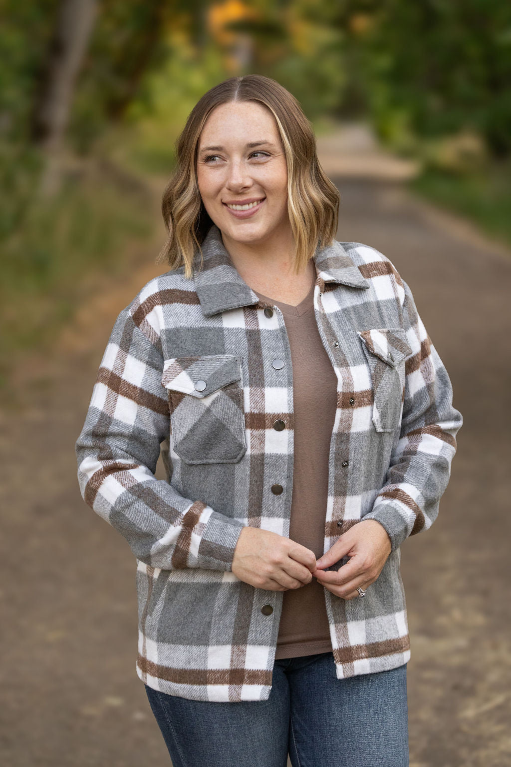 Norah Plaid Shacket - Grey and Tan | Women's Shacket