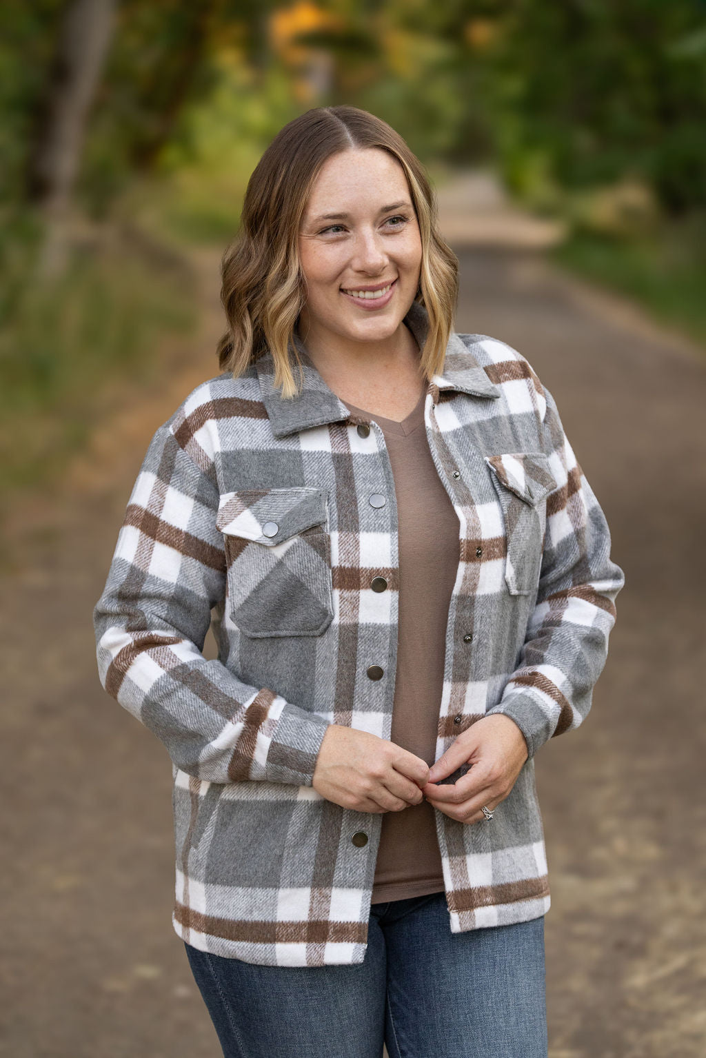 Norah Plaid Shacket - Grey and Tan | Women's Shacket