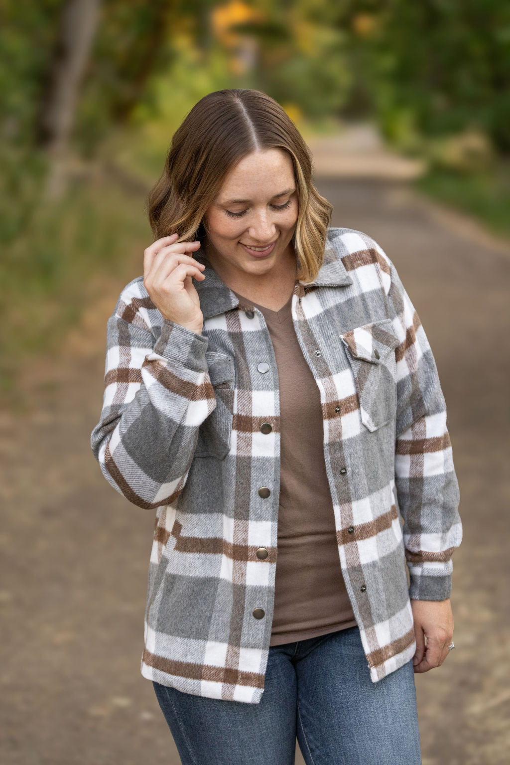 Norah Plaid Shacket - Grey and Tan | Women's Shacket