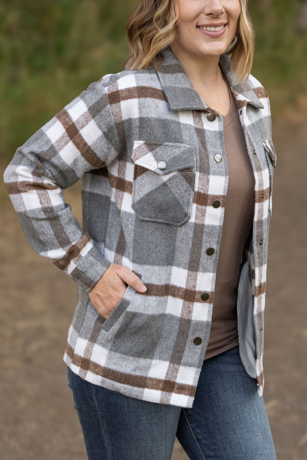 Norah Plaid Shacket - Grey and Tan | Women's Shacket