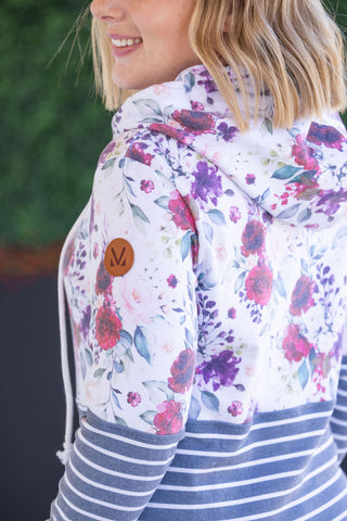 IN STOCK Hailey Pullover Hoodie - Burgundy Bloom and Grey Stripes FINAL SALE