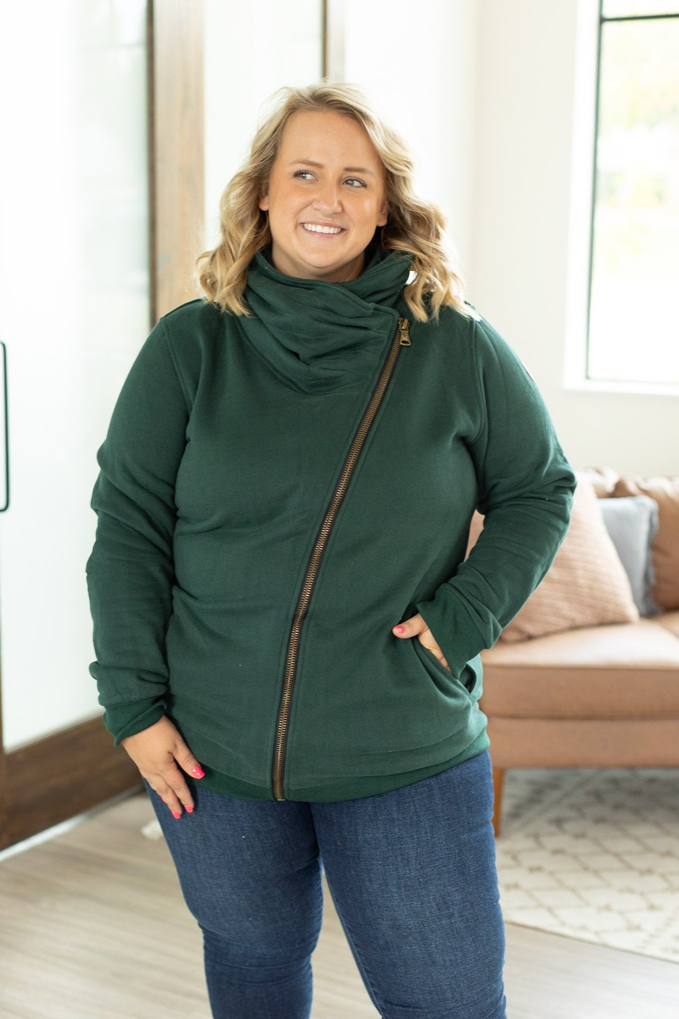 Quinn ZipUp Cowl - Evergreen | Women's Hoodie