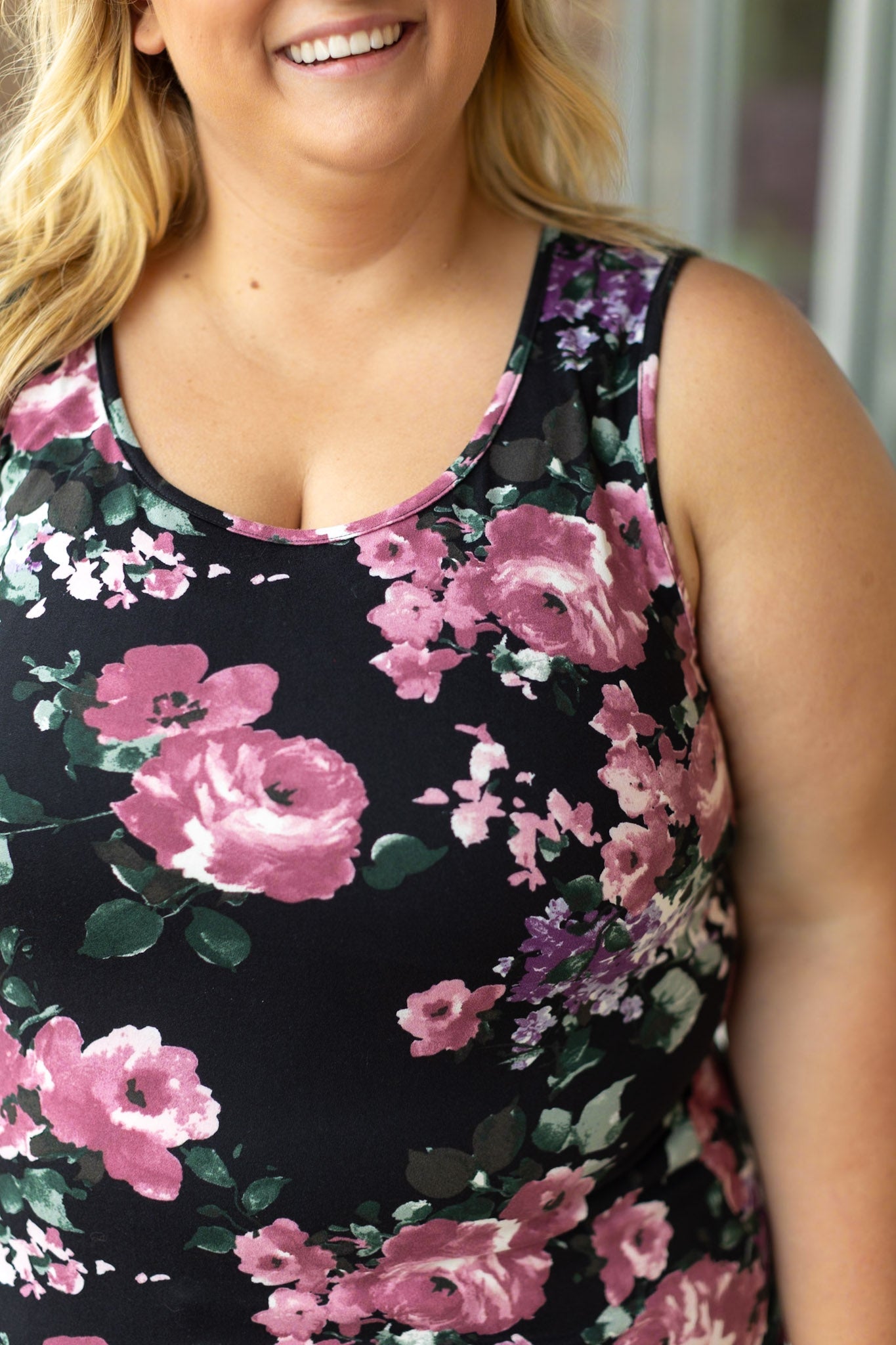 Luxe Crew Tank - Black and Mauve Floral | Women's Tank Top