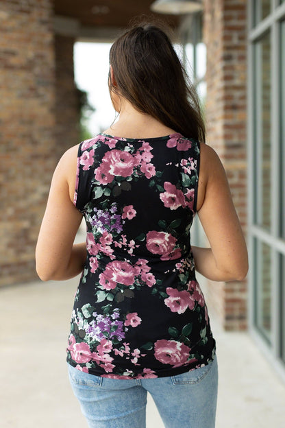 Luxe Crew Tank - Black and Mauve Floral | Women's Tank Top