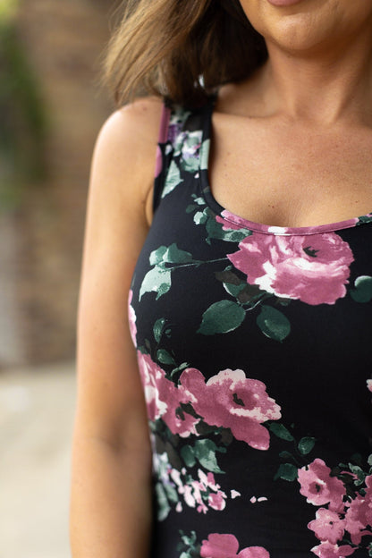 Luxe Crew Tank - Black and Mauve Floral | Women's Tank Top