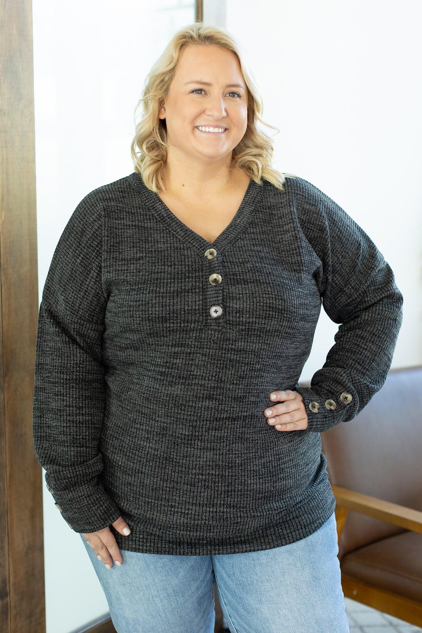 Brittney Button Sweater - Charcoal | Women's Long Sleeve