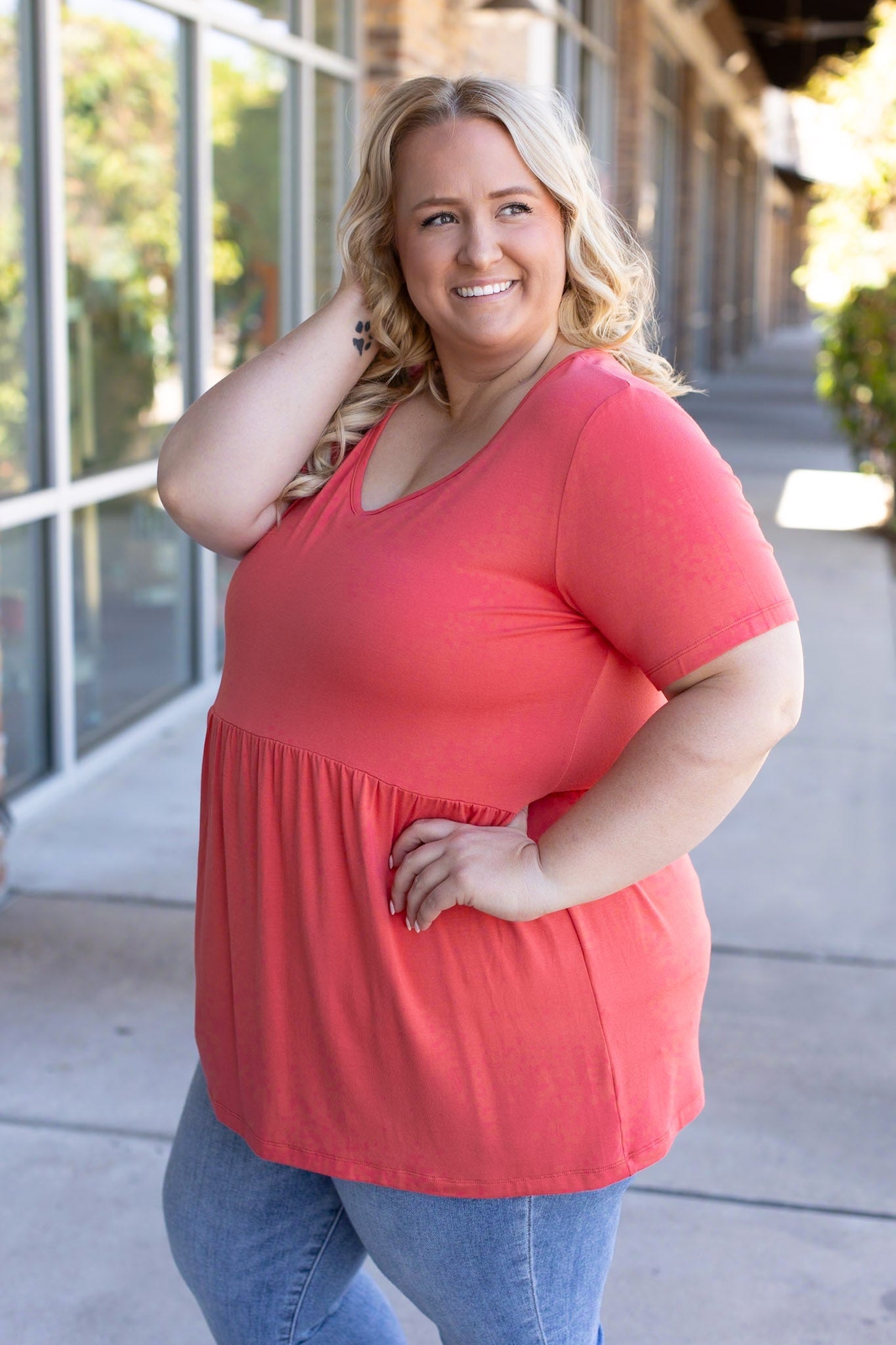 Sarah Ruffle Short Sleeve - Deep Coral | Women's Top