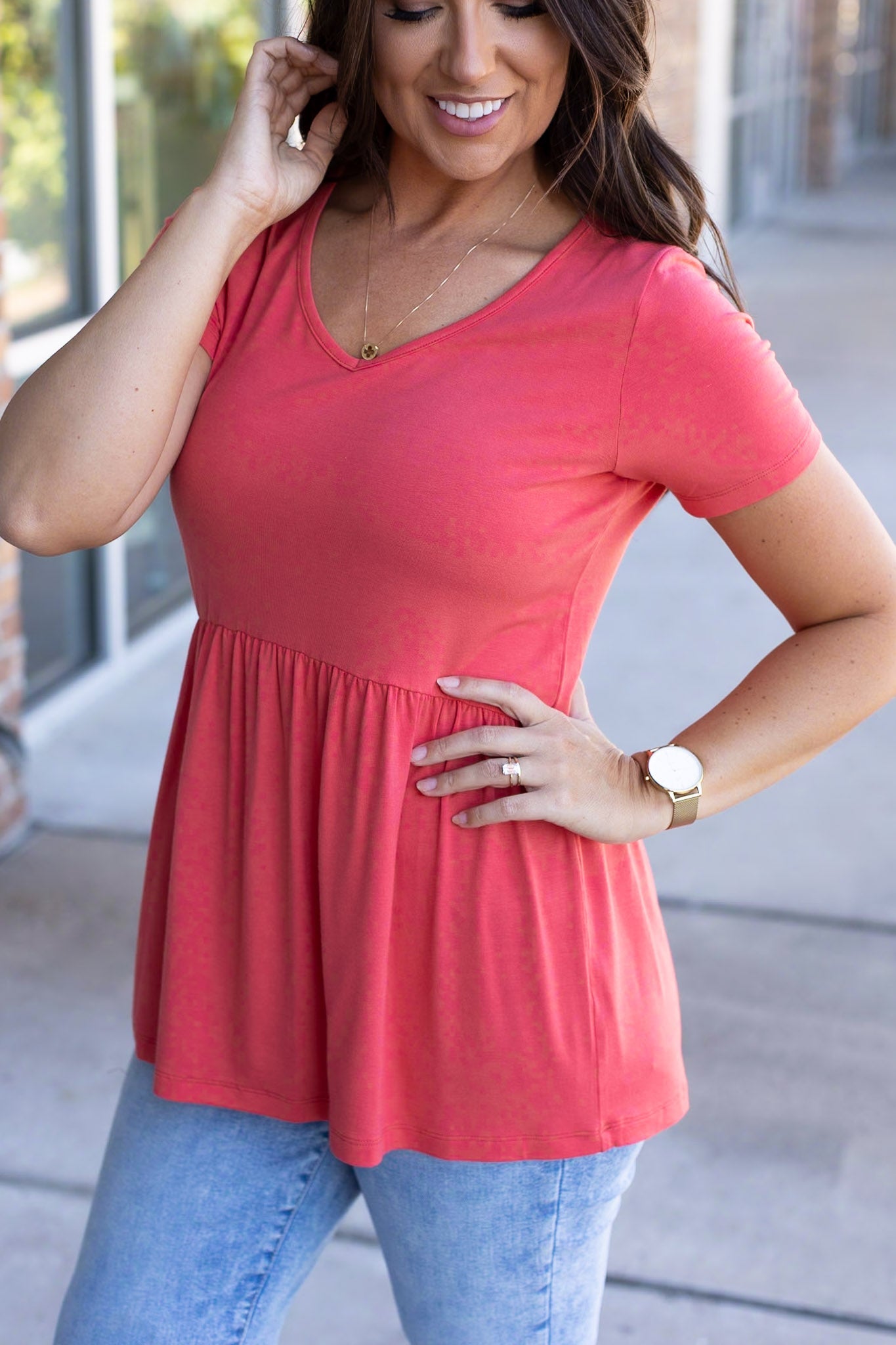 Sarah Ruffle Short Sleeve - Deep Coral | Women's Top