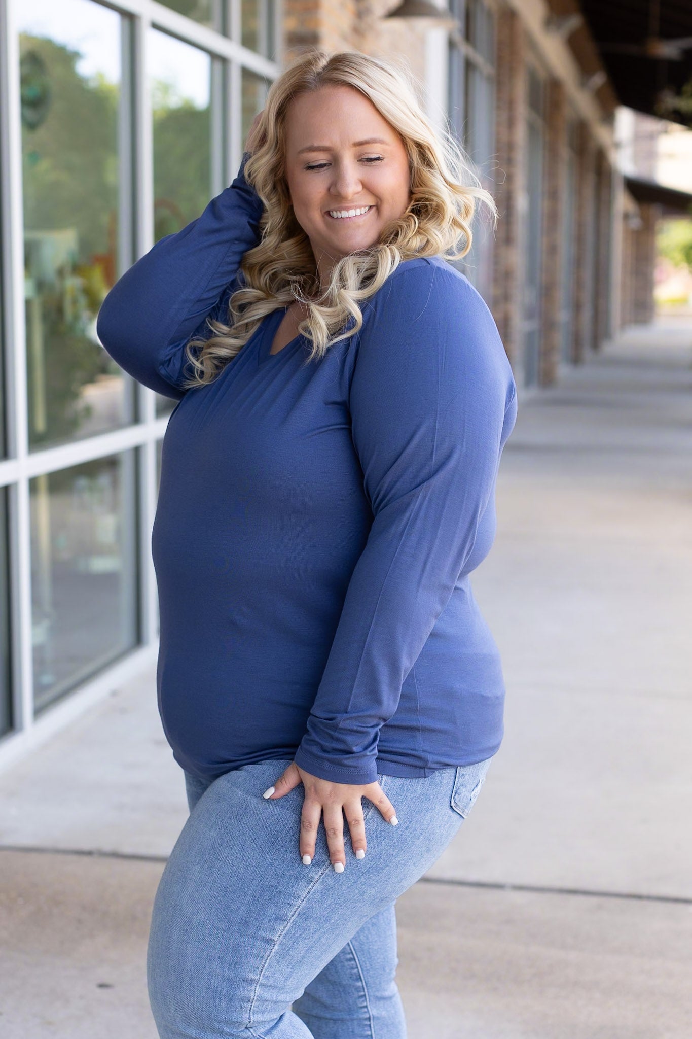 Larissa Long Sleeve - Blue | Women's V-Neck Top