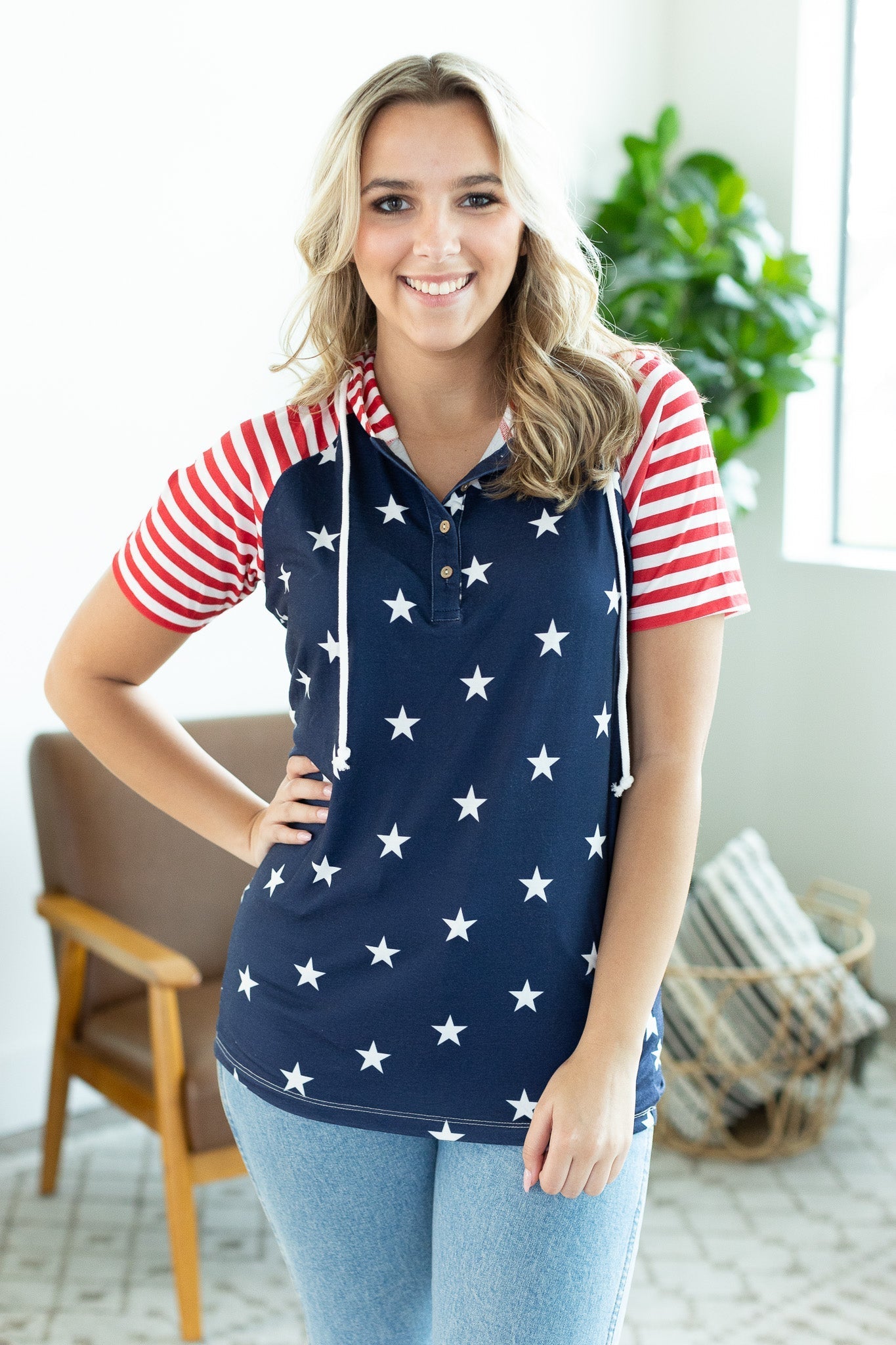 Henley Hoodie Top - Stars and Stripes