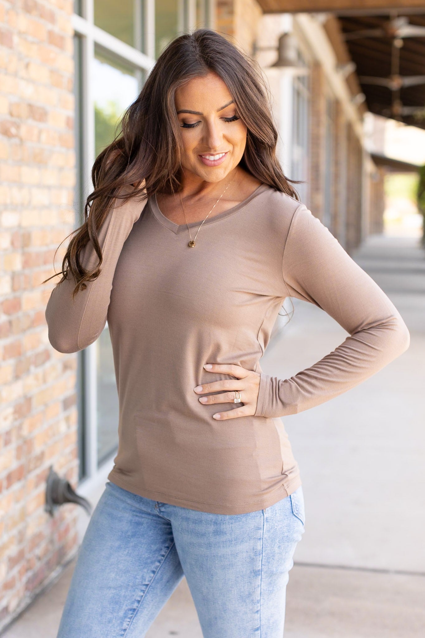 Larissa Long Sleeve - Mocha | Women's V-Neck Top