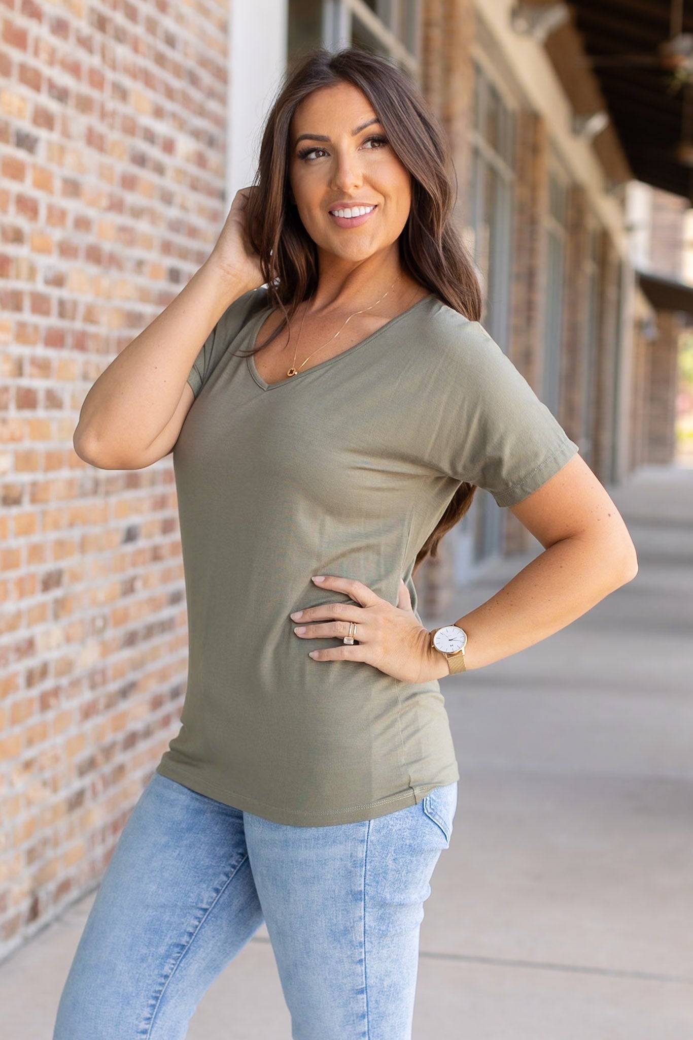 Chloe Cozy Tee - Olive | Women's V-Neck Top