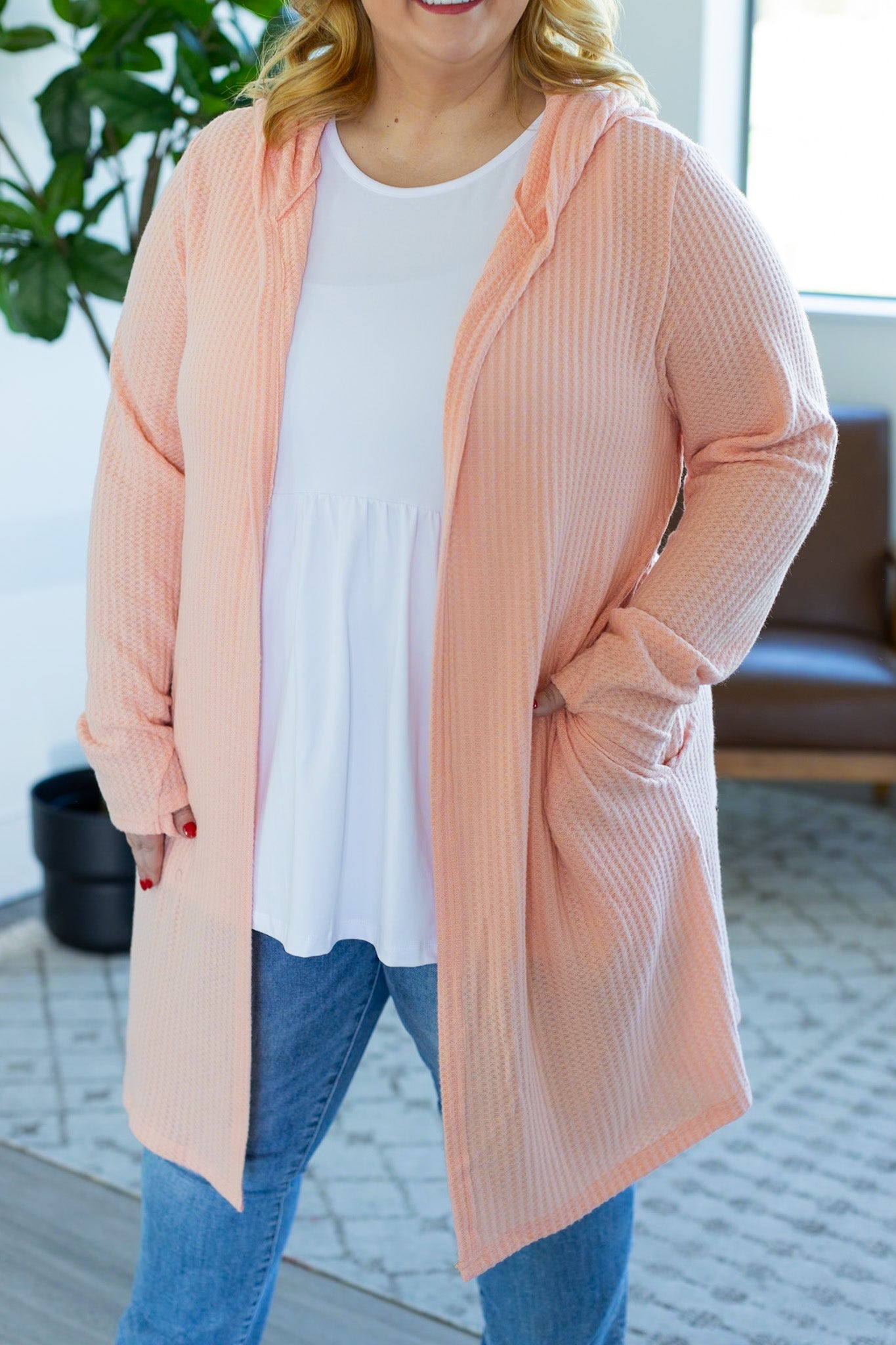 Claire Hooded Waffle Cardigan - Peach