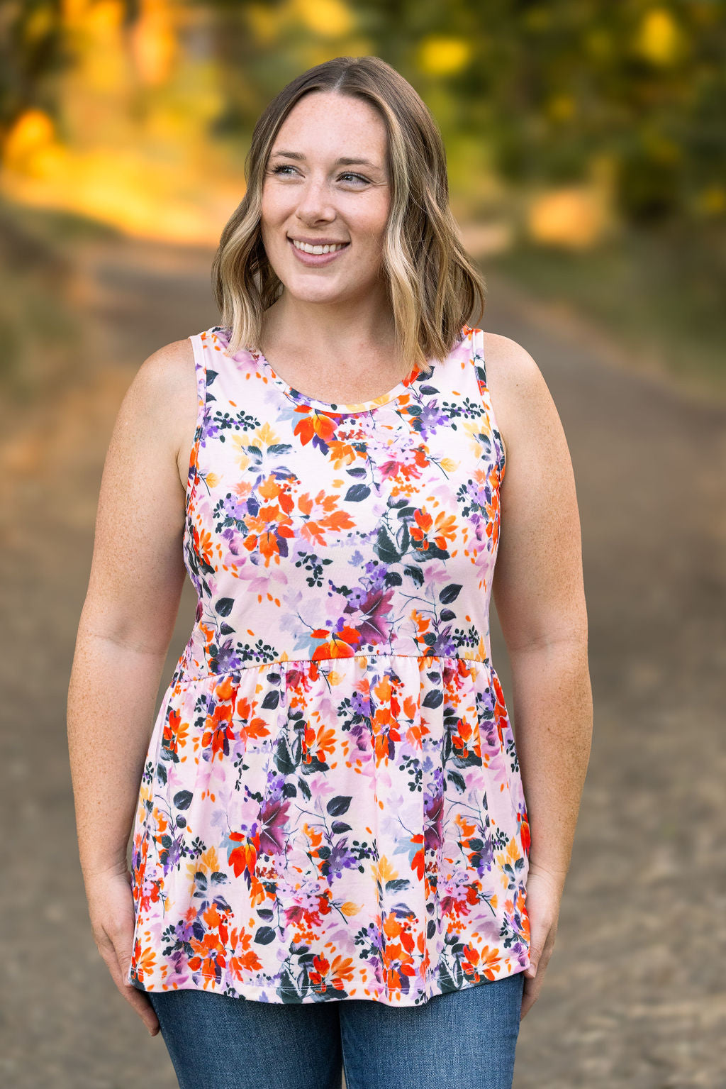 Renee Ruffle Tank - Fall Floral Leaves