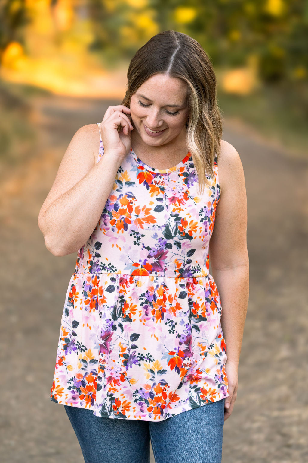 Renee Ruffle Tank - Fall Floral Leaves