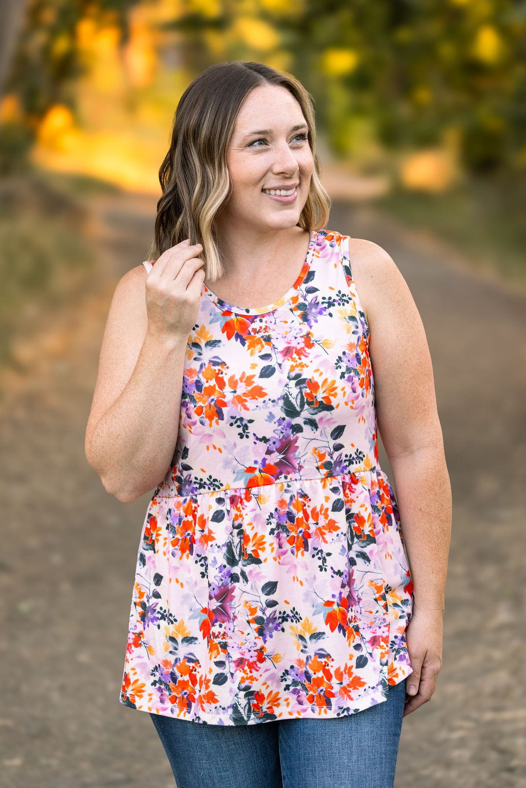 Renee Ruffle Tank - Fall Floral Leaves