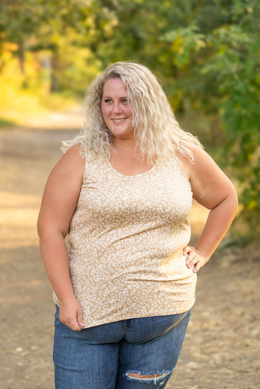 Luxe Crew Tank - Tan Floral | Women's Tank Top