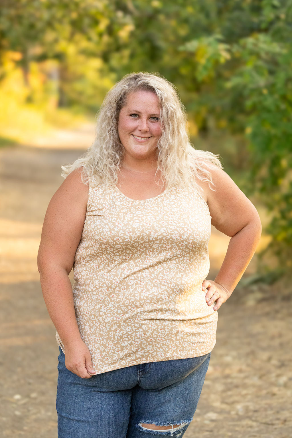 Luxe Crew Tank - Tan Floral | Women's Tank Top