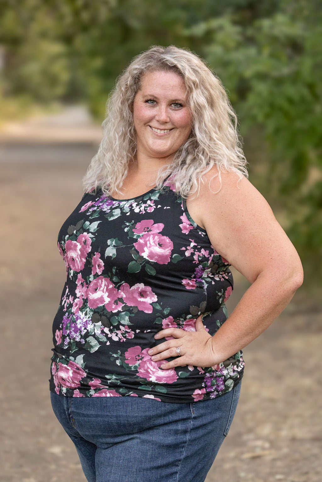 Luxe Crew Tank - Black and Mauve Floral | Women's Tank Top