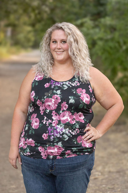 Luxe Crew Tank - Black and Mauve Floral | Women's Tank Top