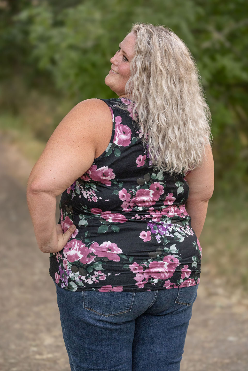 Luxe Crew Tank - Black and Mauve Floral | Women's Tank Top