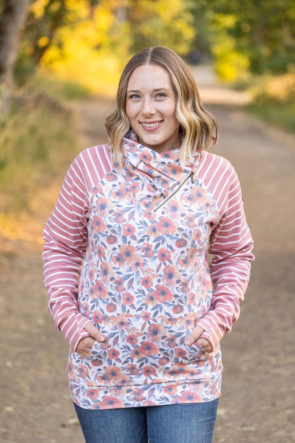 IN STOCK Zoey ZipCowl - Fall Floral and Stripes