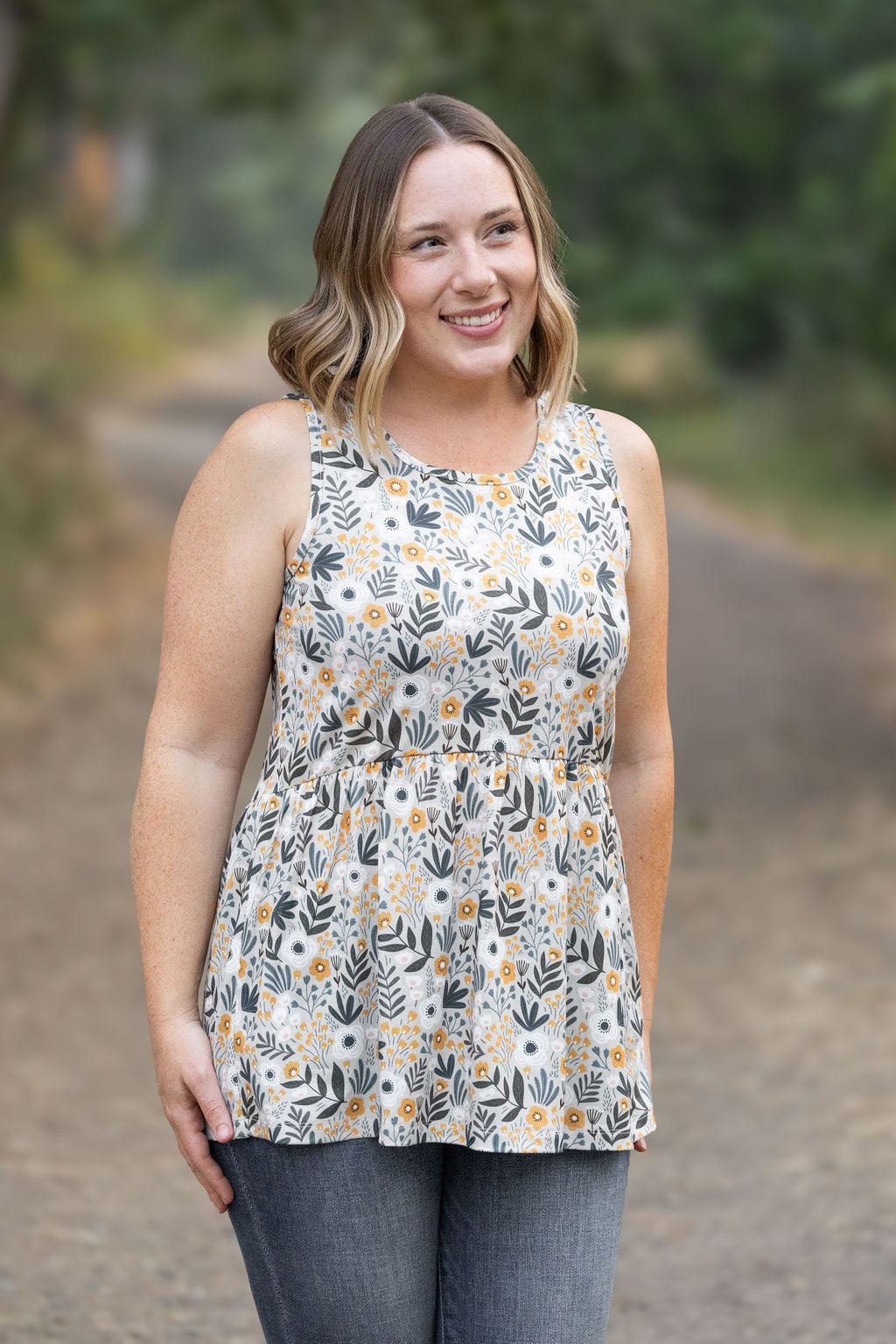 Renee Ruffle Tank - Boho Olive Floral