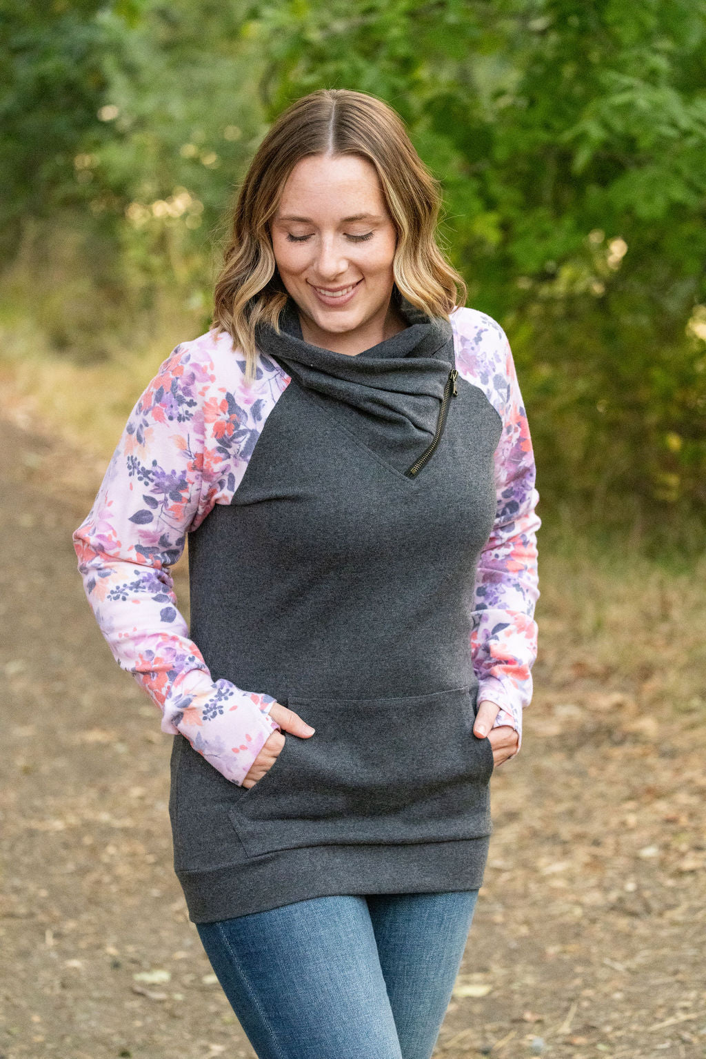 Zoey ZipCowl - Charcoal and Fall Floral Leaves