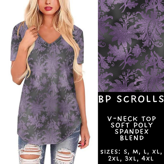 Batch #270 - Black and Purple - Closes 1/15 - ETA mid/late March - BP Scroll V-Neck Tee