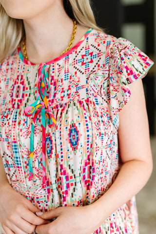 Boho and Behold Flutter Sleeve Dress in Blush/Fuchsia/Mint