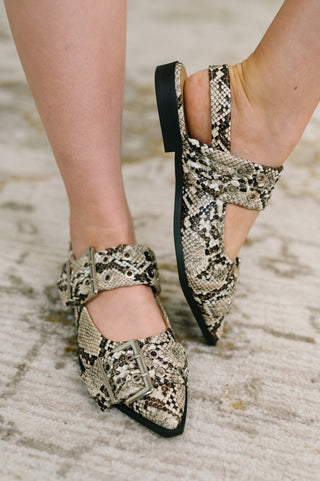 Crazy Train Buckle Pointy Toe Flats in Snakeskin