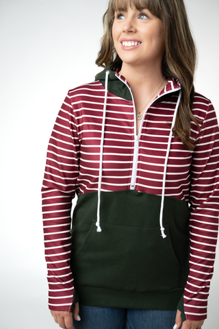 IN STOCK Soft Classic HalfZip Hoodie - Evergreen and Burgundy Stripes